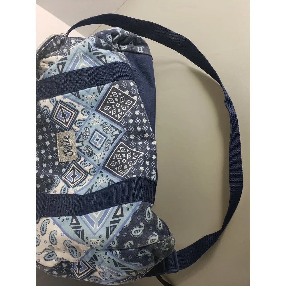 Justice Girls‎ Blue Paisley Geometric Duffle Bag Glitter Logo Crossbody Strap